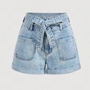 Zara High Rise Belted Paper-bag Denim Shorts Size 0 NWT